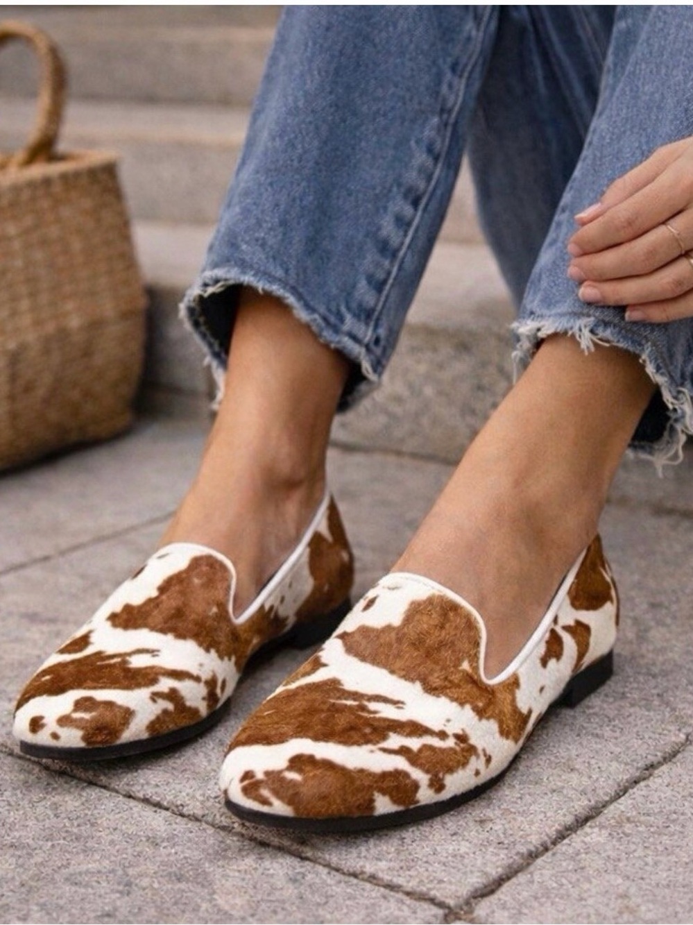 Vionic Willa Calf Hair Cow Print Slip-On Loafer in Brown and Off White Size 11